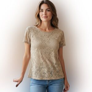Alfani Beige Lace Short Sleeve Top